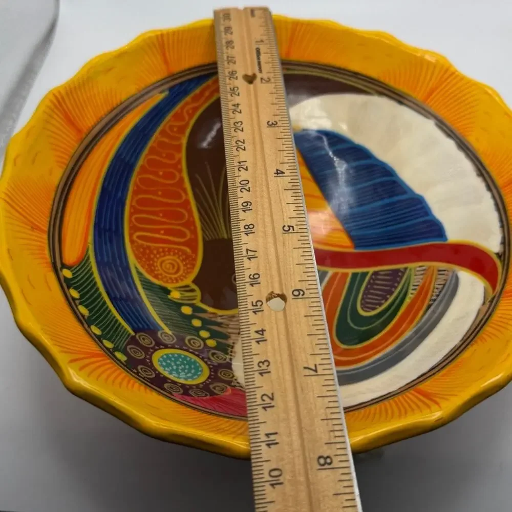 Art Pottery Scalloped Bowl Vintage Mexican Folk Art Hand Painted Bird Motif 10